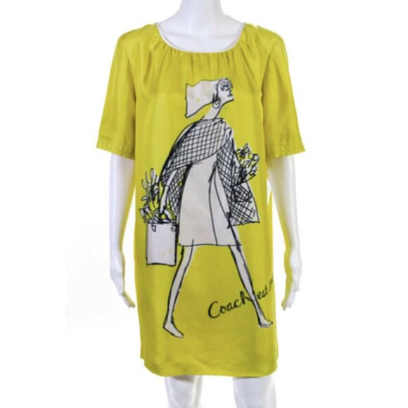 Coach Popy Lemon Yellow Silk Short Sleeve Playful Print Mini Dress Retro Vibes - Picture 2 of 11